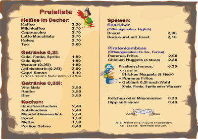 Speisekarte der Piratenkombüse
